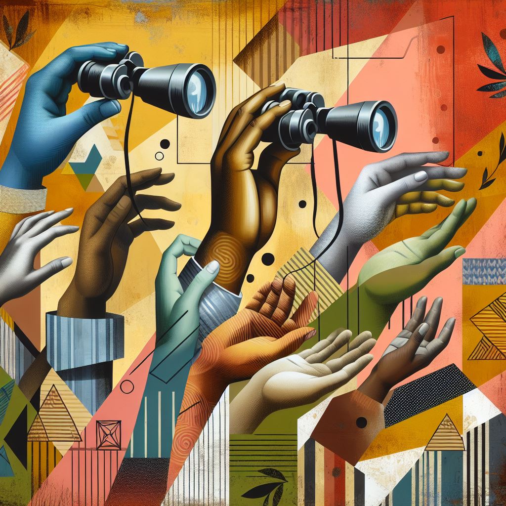 An abstract, geometric-style illustration featuring multiple hands of diverse skin tones reaching out and holding binoculars. Some hands are open, as if offering or receiving, while others grip the binoculars, symbolizing observation or searching. The background is composed of warm earthy tones, including oranges, yellows, and greens, with layered geometric patterns and lines creating a sense of movement and interconnectedness. The image conveys themes of vision, collaboration, diversity, and collective action.