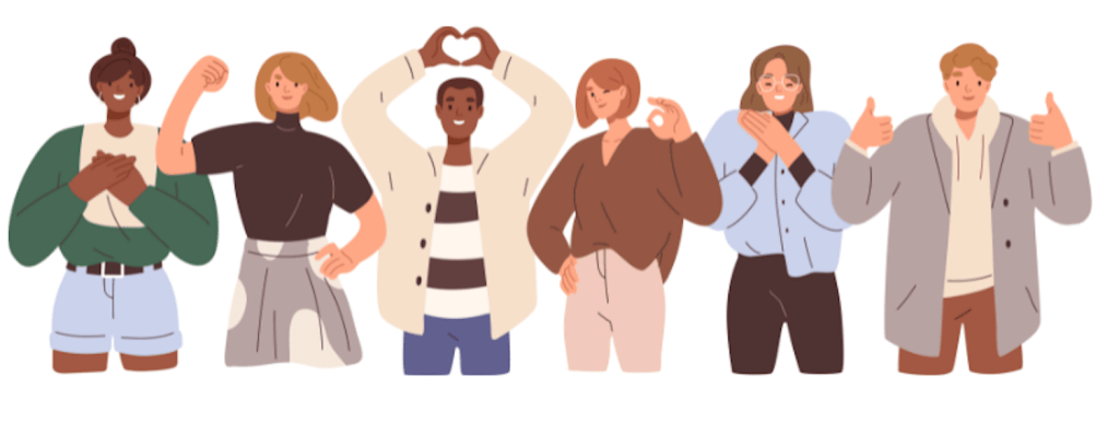 Illustration of six diverse young adults standing in a row, each expressing positive gestures such as a heart shape with hands, a fist pump, thumbs up, and hands over heart. They appear cheerful and confident, symbolising inclusion, positivity, and community.