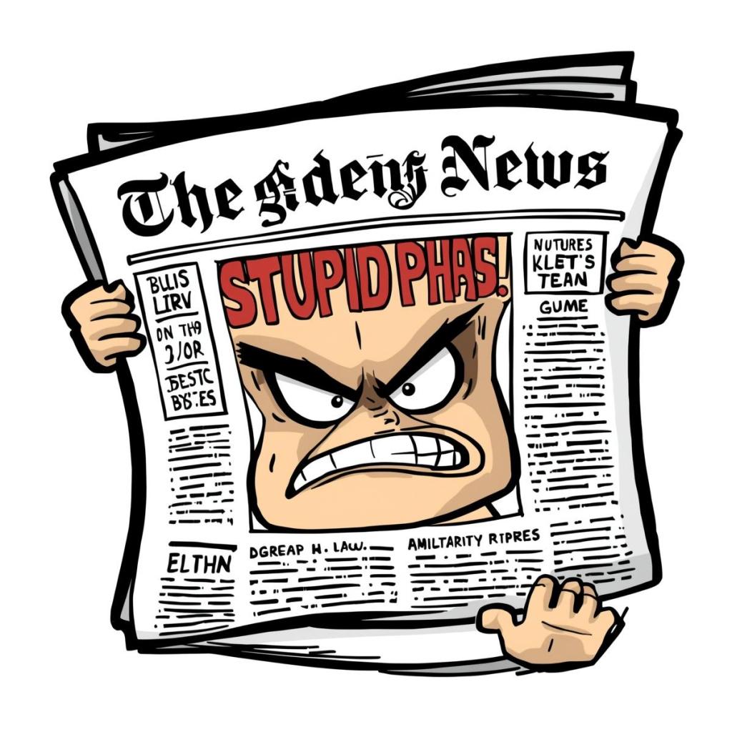 A cartoon drawing of an angry person glaring out from behind a newspaper with furrowed brows and clenched teeth. The newspaper’s exaggerated headline reads “STUPID PHDS!” in bold red letters, while the rest of the text is scribbled gibberish meant to resemble print. The image humorously depicts outrage at academic research.