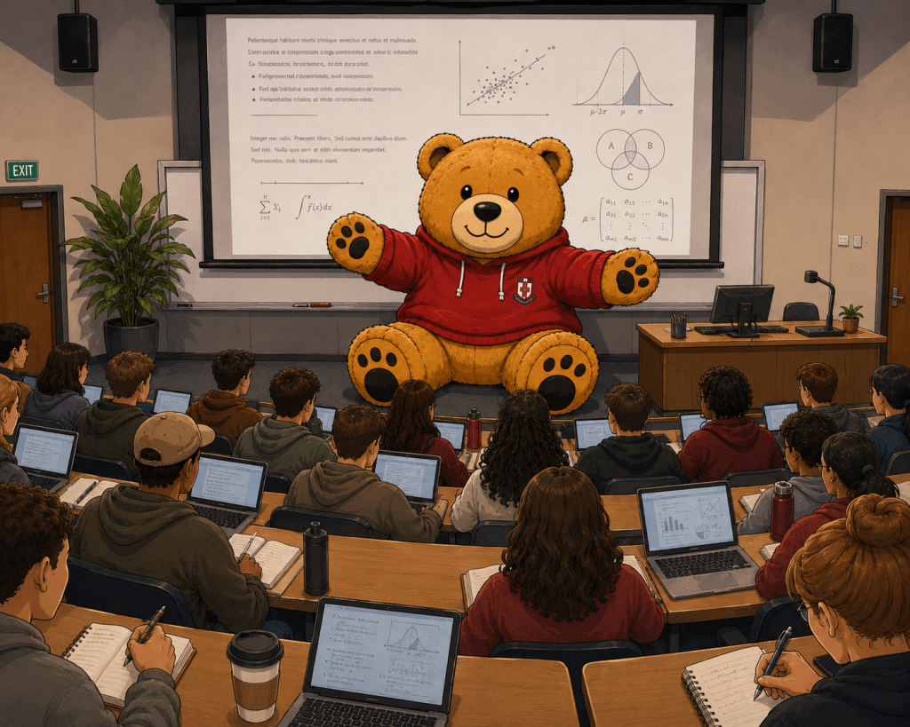 Cartoon illustration of a university lecture theatre filled with students working on laptops and taking notes. At the front, an oversized teddy bear mascot in a red jumper stands with its arms outstretched in front of a projection screen displaying academic graphs, equations and diagrams.